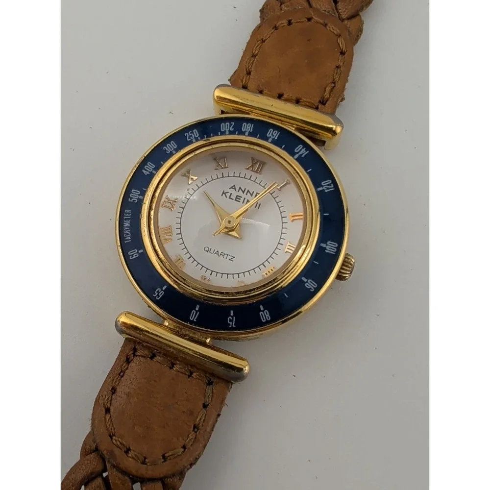 Anne Klein II Watch Women 28mm Case Blue Bezel Brown Braided Band- New Battery